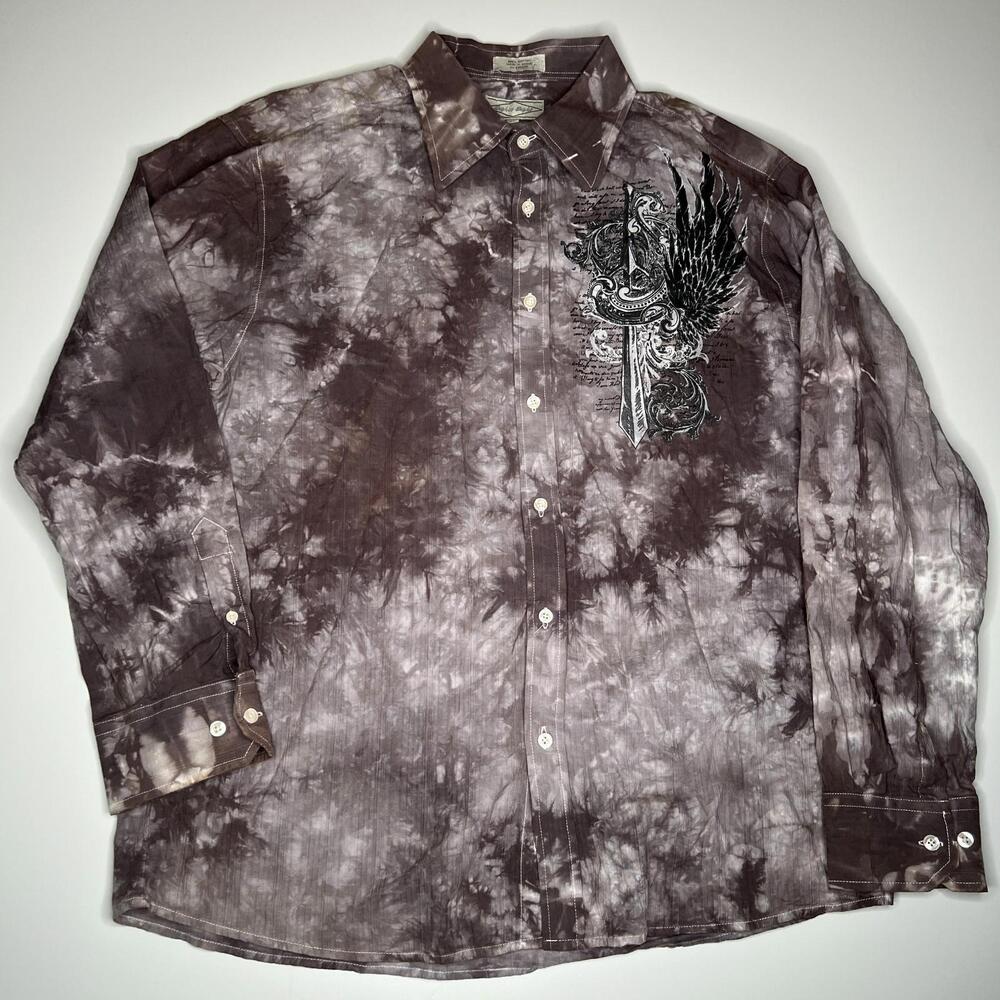 Y2K Gothic Grunge Punk Bleach Crest and Wings Eighty-Eight Button Up Shirt Sz XL